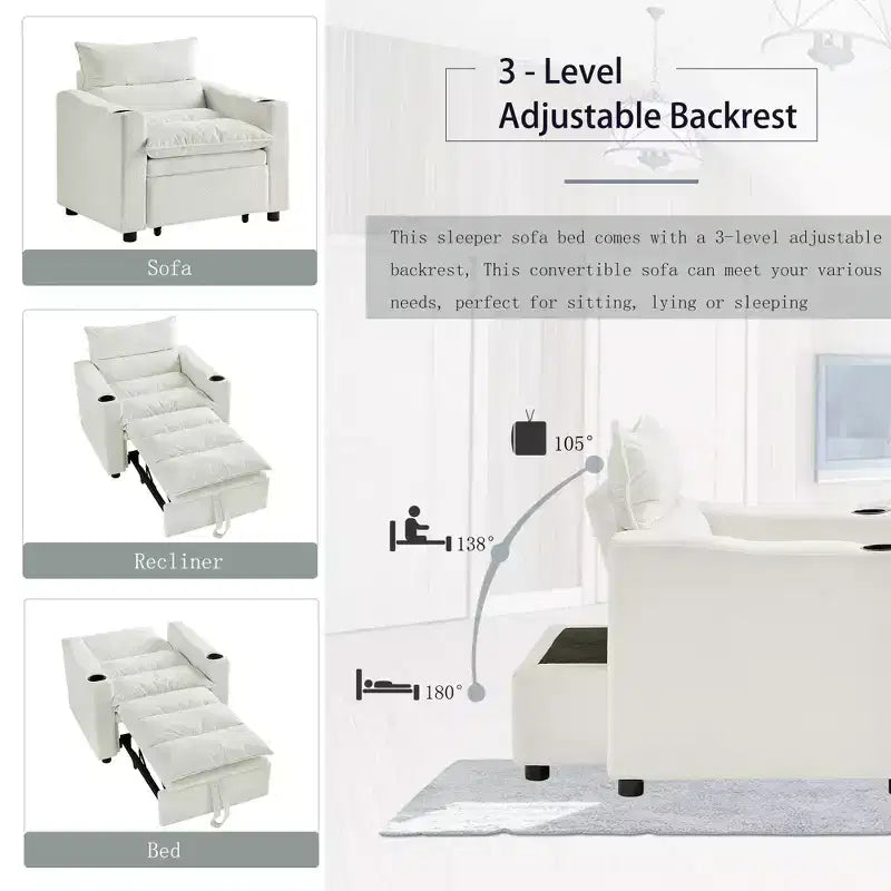 Fauteuil convertible en lit avec lit escamotable et porte-gobelets, fauteuil-lit en velours litchi pour salon, chambre d'amis ou petit espace, couleur crème