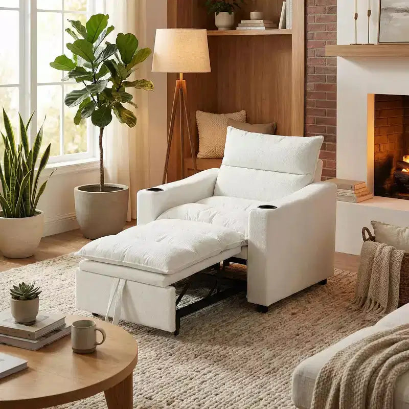 Fauteuil convertible en lit avec lit escamotable et porte-gobelets, fauteuil-lit en velours litchi pour salon, chambre d'amis ou petit espace, couleur crème