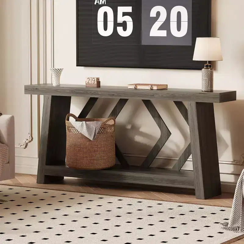 Mesa consola de madera maciza de 70.9, extra larga y estrecha, de 2 niveles, para recibidor, pasillo o sala de estar