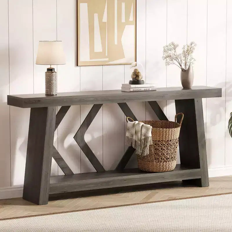 Mesa consola de madera maciza de 70.9, extra larga y estrecha, de 2 niveles, para recibidor, pasillo o sala de estar