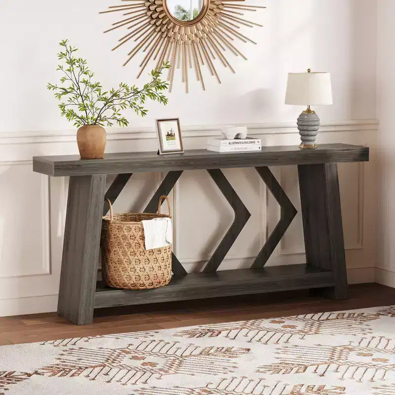 Mesa consola de madera maciza de 70.9, extra larga y estrecha, de 2 niveles, para recibidor, pasillo o sala de estar