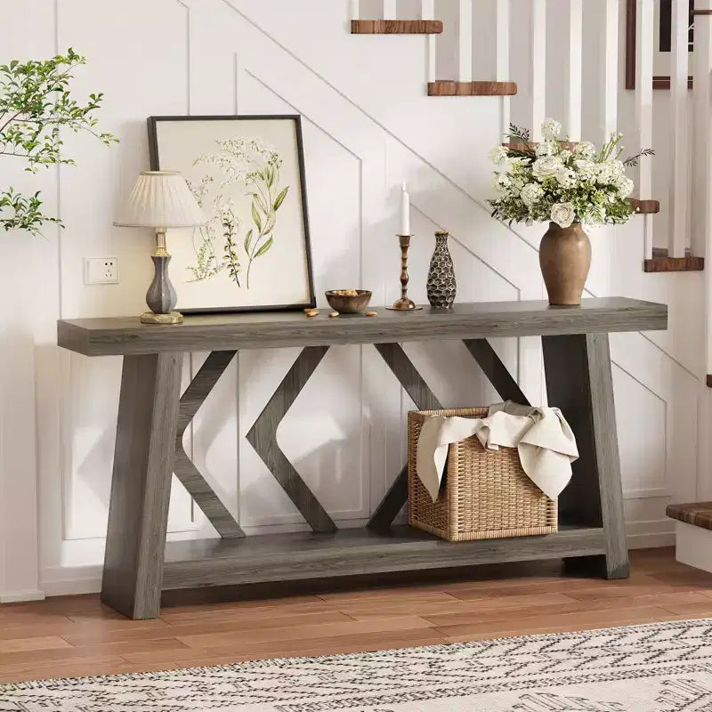 Mesa consola de madera maciza de 70.9, extra larga y estrecha, de 2 niveles, para recibidor, pasillo o sala de estar