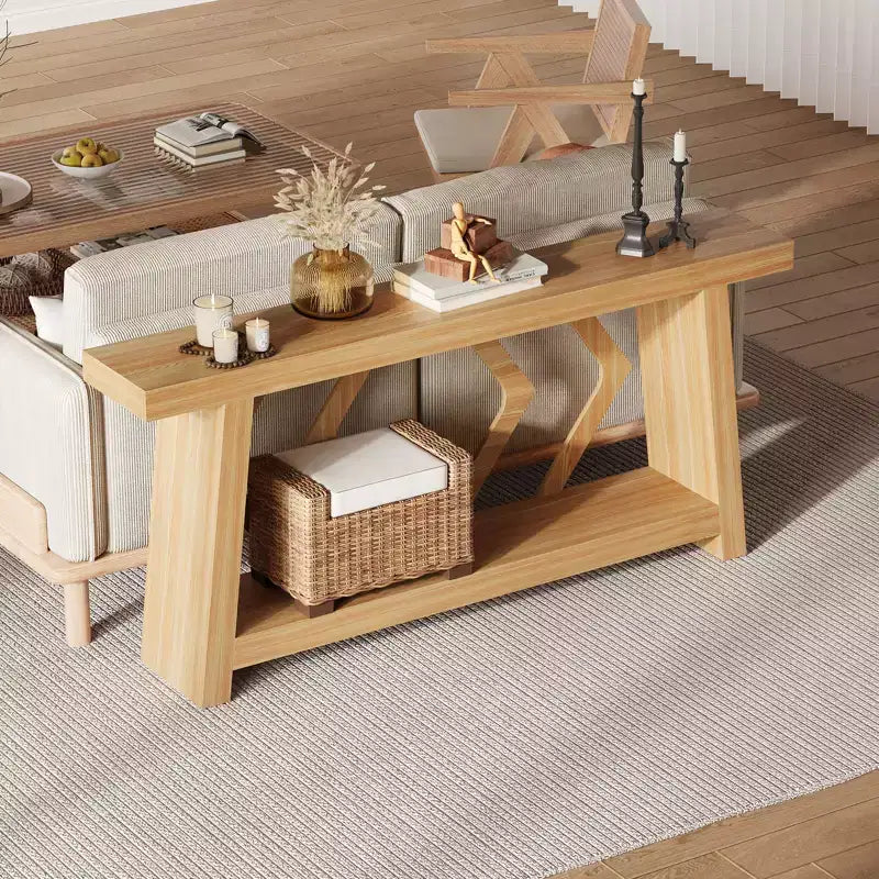 Mesa consola de madera maciza de 70.9, extra larga y estrecha, de 2 niveles, para recibidor, pasillo o sala de estar