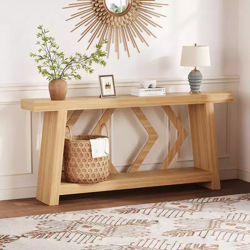 Mesa consola de madera maciza de 70.9, extra larga y estrecha, de 2 niveles, para recibidor, pasillo o sala de estar