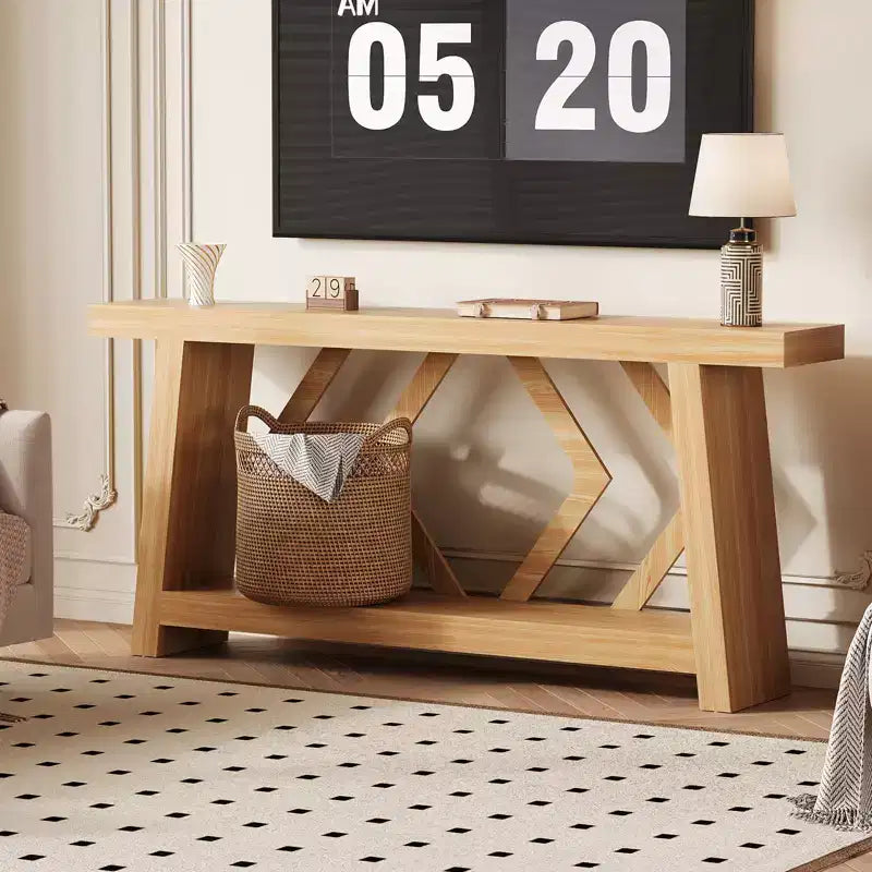 Mesa consola de madera maciza de 70.9, extra larga y estrecha, de 2 niveles, para recibidor, pasillo o sala de estar