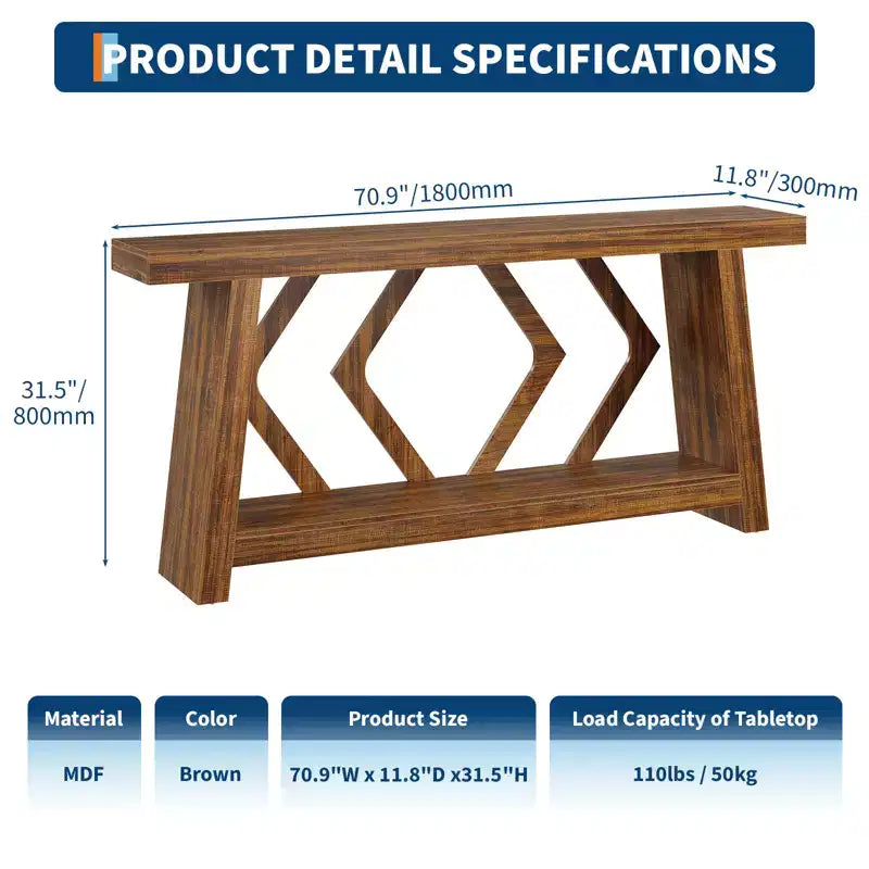 Mesa consola de madera maciza de 70.9, extra larga y estrecha, de 2 niveles, para recibidor, pasillo o sala de estar