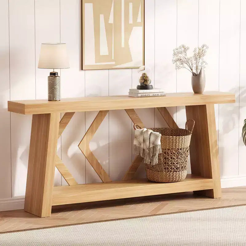 Mesa consola de madera maciza de 70.9, extra larga y estrecha, de 2 niveles, para recibidor, pasillo o sala de estar