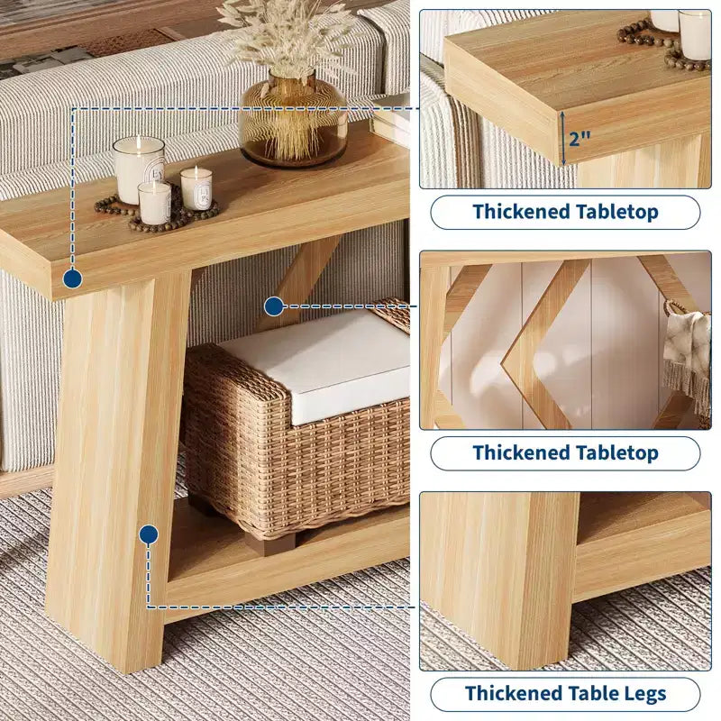 Mesa consola de madera maciza de 70.9, extra larga y estrecha, de 2 niveles, para recibidor, pasillo o sala de estar