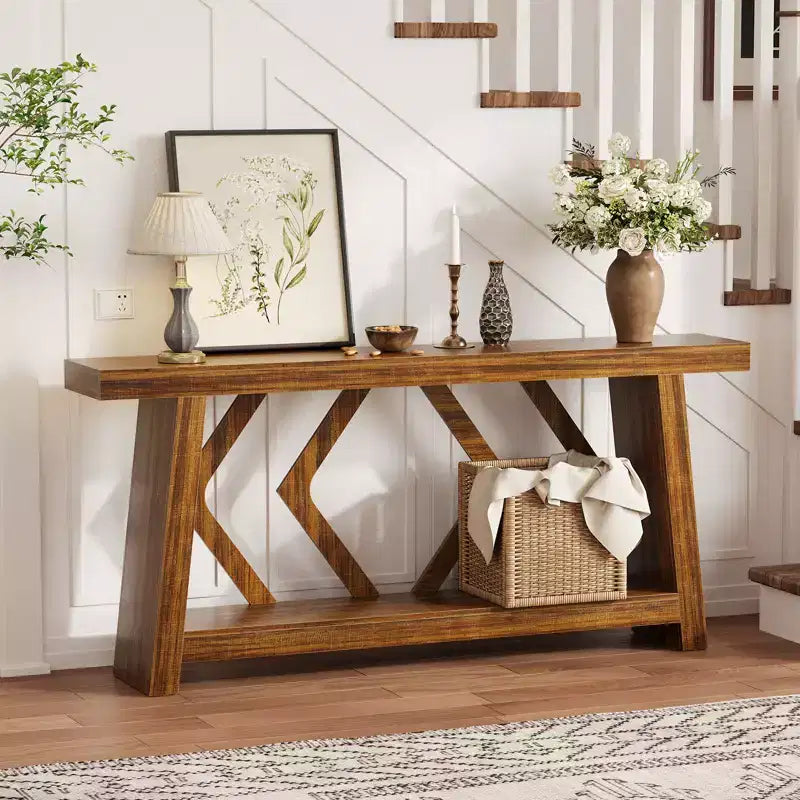 Mesa consola de madera maciza de 70.9, extra larga y estrecha, de 2 niveles, para recibidor, pasillo o sala de estar