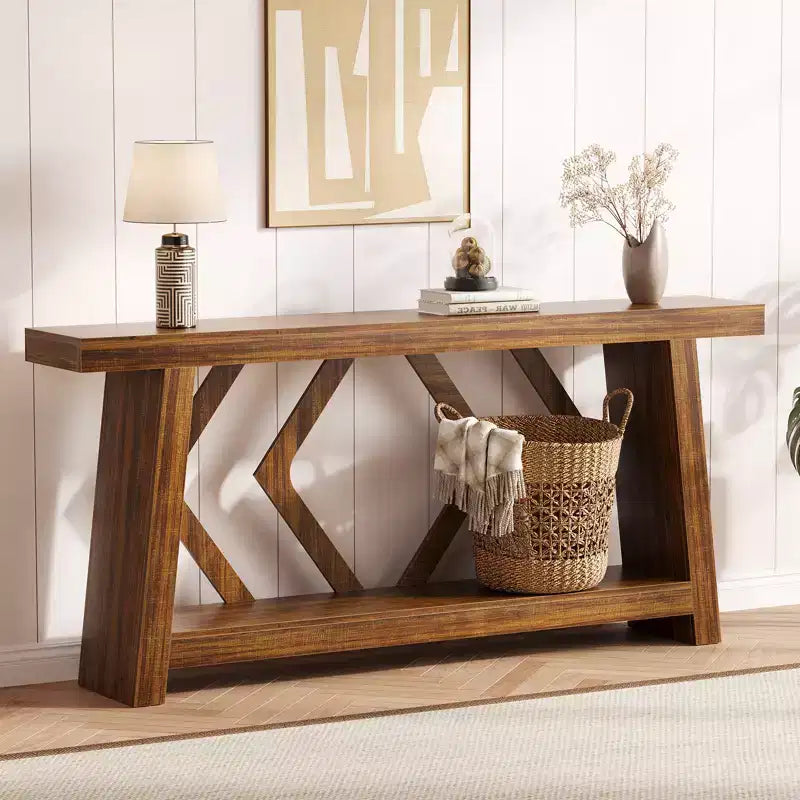 Mesa consola de madera maciza de 70.9, extra larga y estrecha, de 2 niveles, para recibidor, pasillo o sala de estar