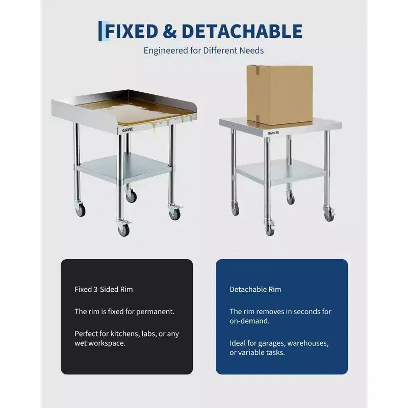 Table de travail robuste en acier inoxydable avec roulettes - rebord amovible sur 3 côtés, étagère inférieure réglable, plan de préparation polyvalent pour restaurant et cuisine