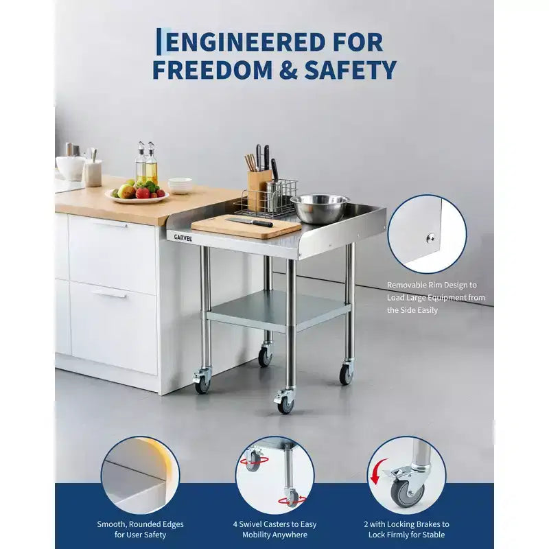 Table de travail robuste en acier inoxydable avec roulettes - rebord amovible sur 3 côtés, étagère inférieure réglable, plan de préparation polyvalent pour restaurant et cuisine