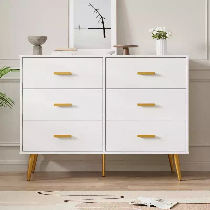 Commode moderne en bois à 6 tiroirs avec poignées dorées pour la chambre et le salon