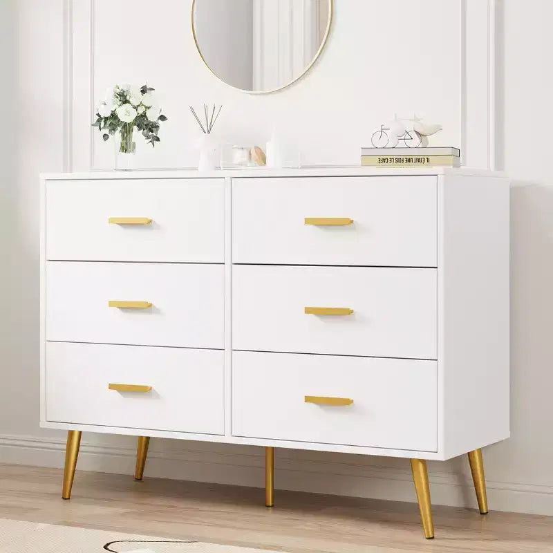 Commode moderne en bois à 6 tiroirs avec poignées dorées pour la chambre et le salon