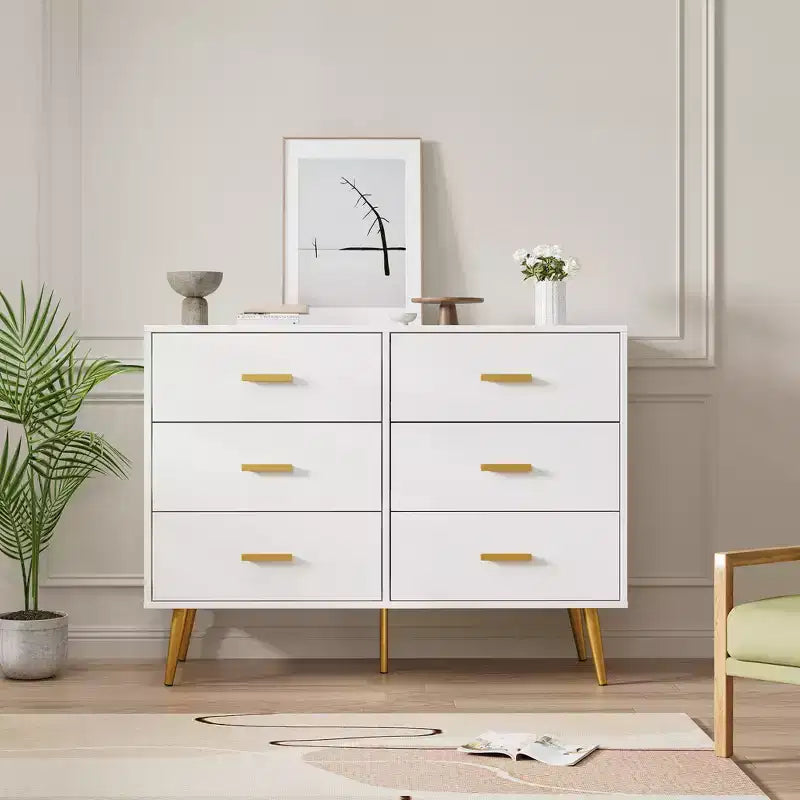Commode moderne en bois à 6 tiroirs avec poignées dorées pour la chambre et le salon