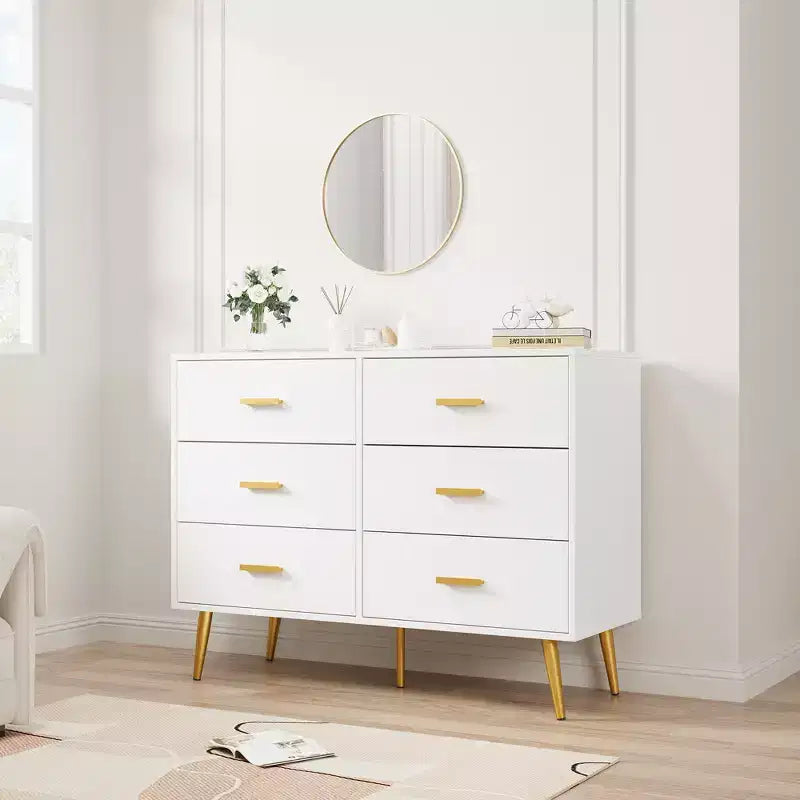 Commode moderne en bois à 6 tiroirs avec poignées dorées pour la chambre et le salon