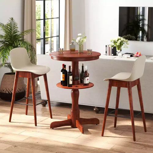 Lot de 2 tables rondes hautes à 2 niveaux avec étagère de rangement et piètement central pour la cuisine
