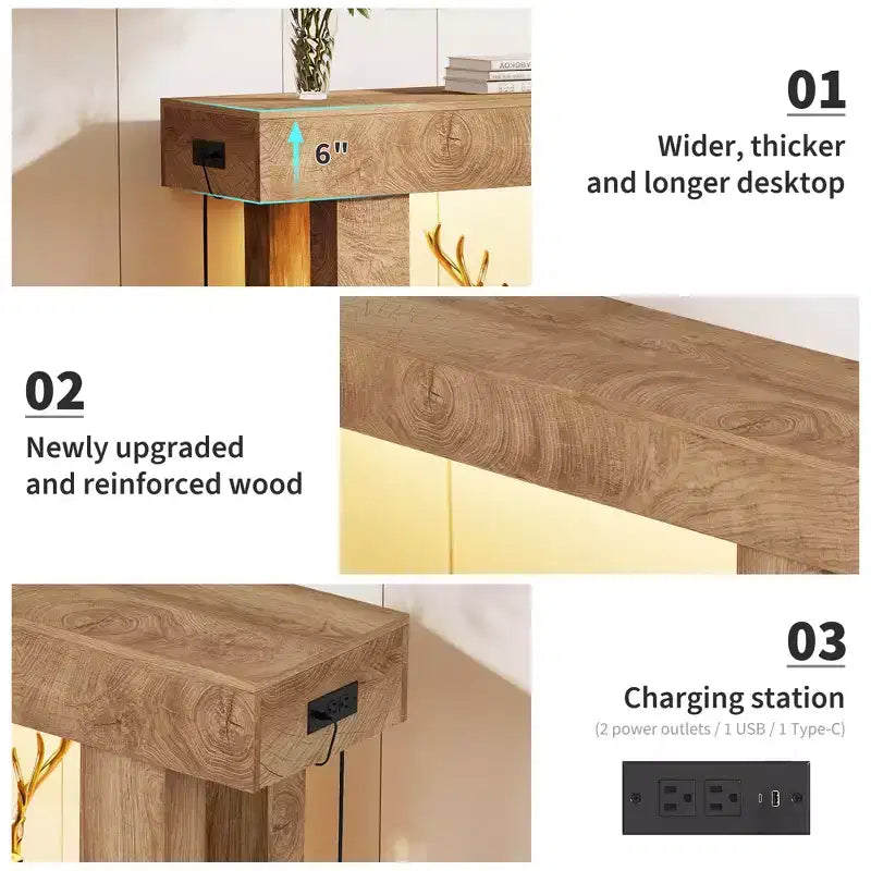 Konsolentisch im Landhausstil, 63 Zoll - hölzerner Flurtisch für Wohnzimmer, Flur und Eingangsbereich, Weiß (mit Bewegungssensorleuchte)