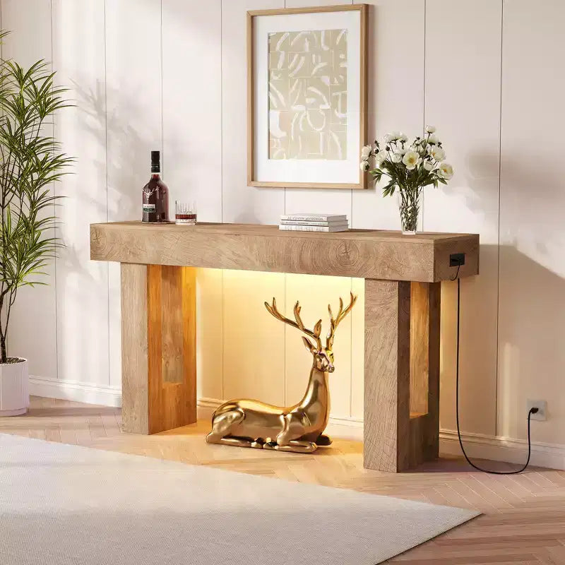 Konsolentisch im Landhausstil, 63 Zoll - hölzerner Flurtisch für Wohnzimmer, Flur und Eingangsbereich, Weiß (mit Bewegungssensorleuchte)