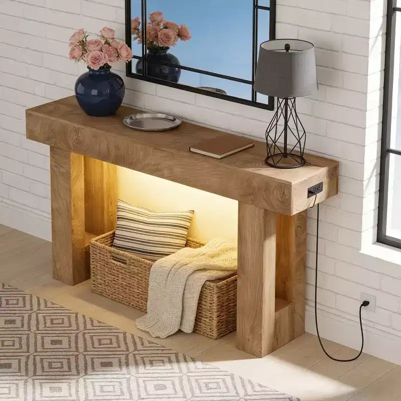 Konsolentisch im Landhausstil, 63 Zoll - hölzerner Flurtisch für Wohnzimmer, Flur und Eingangsbereich, Weiß (mit Bewegungssensorleuchte)