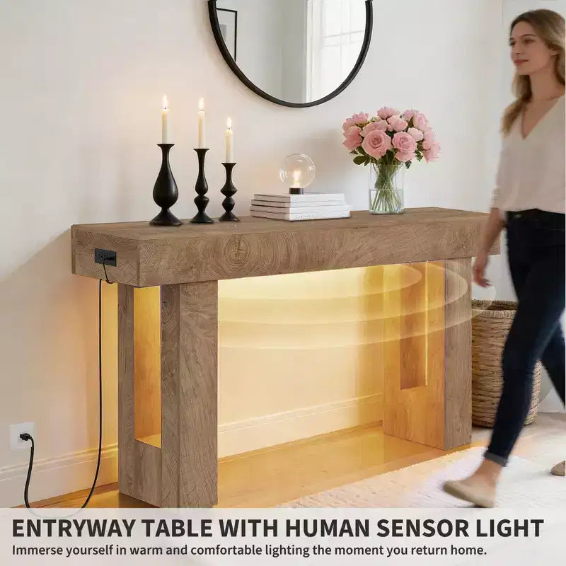 Konsolentisch im Landhausstil, 63 Zoll - hölzerner Flurtisch für Wohnzimmer, Flur und Eingangsbereich, Weiß (mit Bewegungssensorleuchte)