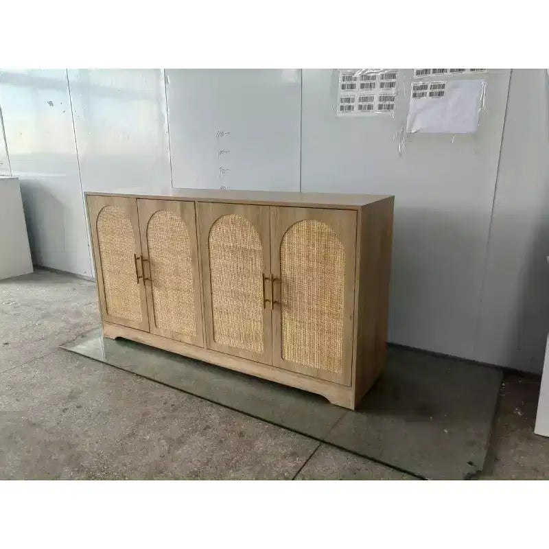 Buffet en rotin, console de rangement de 59 avec 4 portes, étagère fixe et poignées en métal