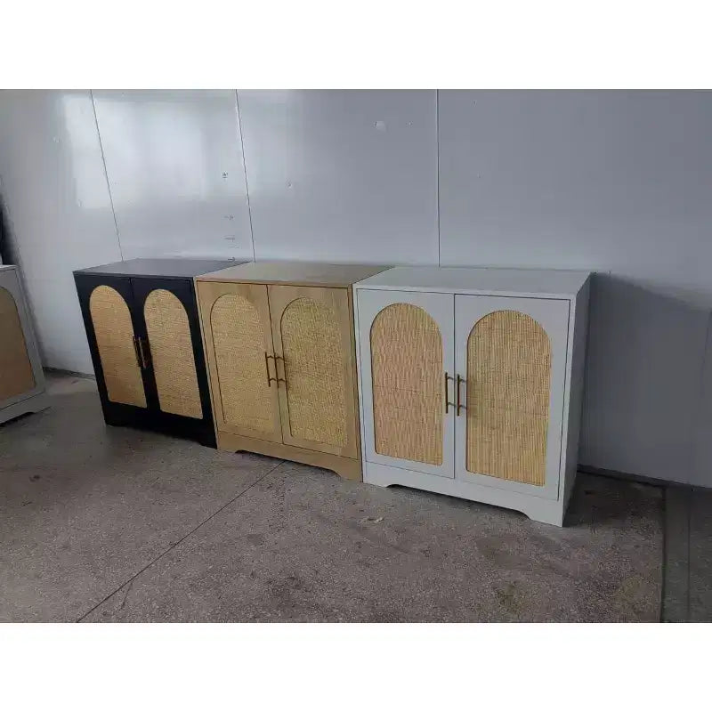 Buffet en rotin, console de rangement de 59 avec 4 portes, étagère fixe et poignées en métal