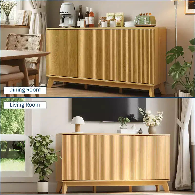 Aparador buffet moderno de estilo rústico con frente acanalado, credenza de madera de 58 con 3 puertas y estantes ajustables