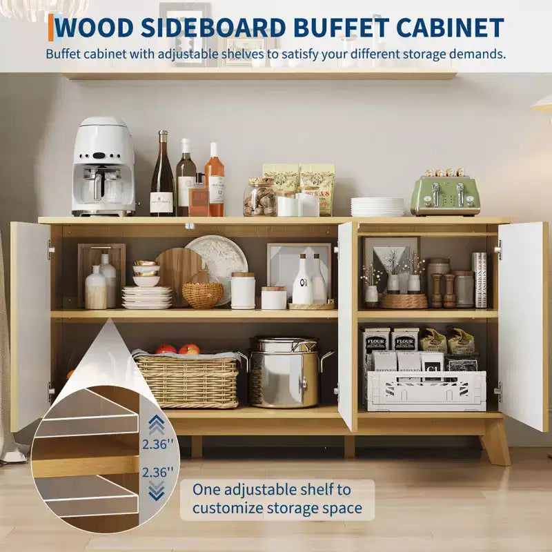Aparador buffet moderno de estilo rústico con frente acanalado, credenza de madera de 58 con 3 puertas y estantes ajustables