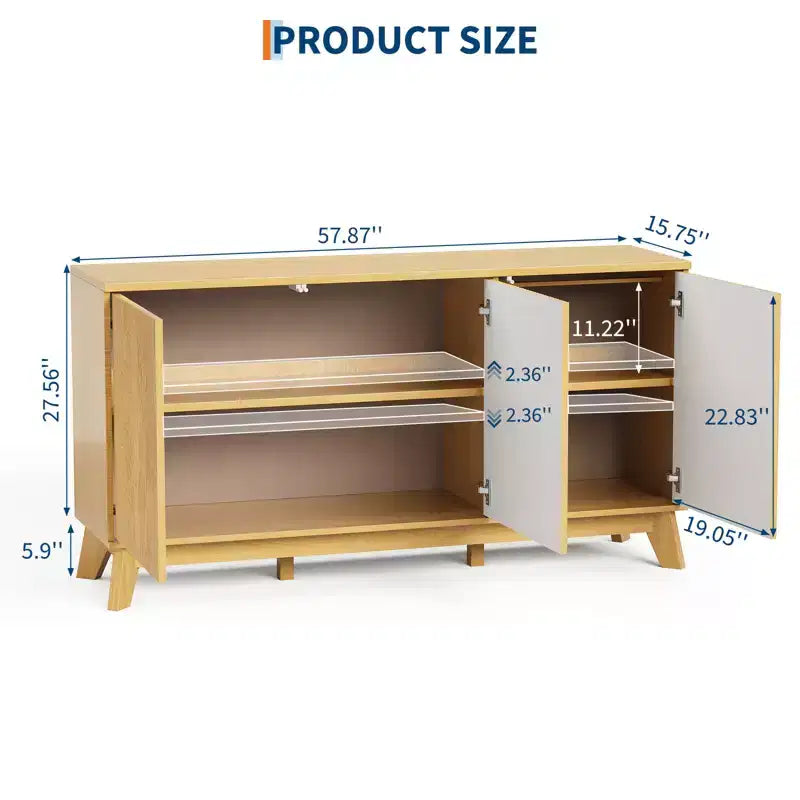 Aparador buffet moderno de estilo rústico con frente acanalado, credenza de madera de 58 con 3 puertas y estantes ajustables