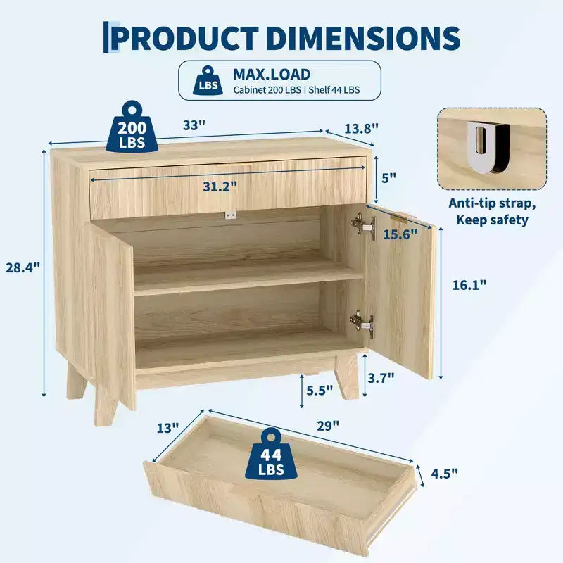 Geriffeltes Buffet-Sideboard mit Stauraum, Sideboard mit verstellbarem Einlegeboden und Schublade