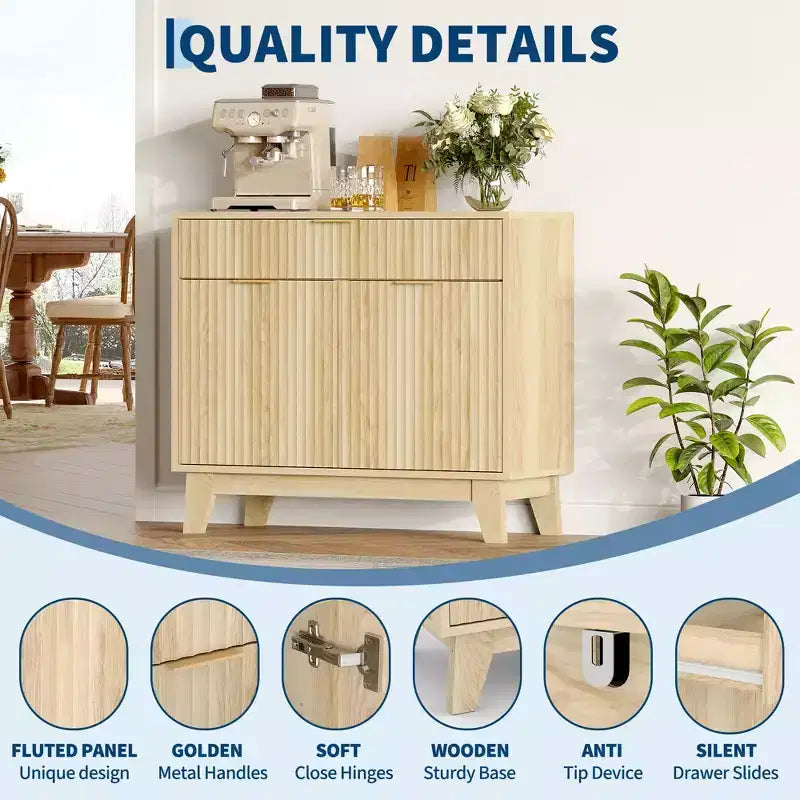 Geriffeltes Buffet-Sideboard mit Stauraum, Sideboard mit verstellbarem Einlegeboden und Schublade