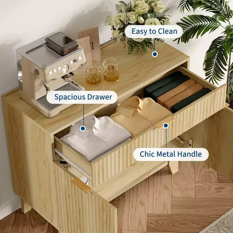 Geriffeltes Buffet-Sideboard mit Stauraum, Sideboard mit verstellbarem Einlegeboden und Schublade