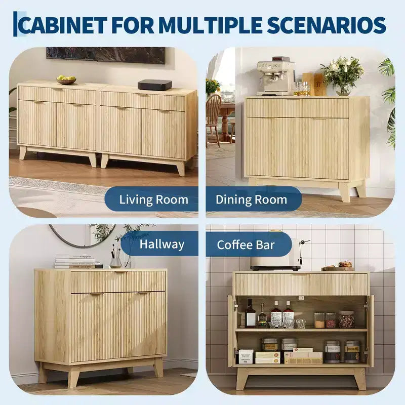 Geriffeltes Buffet-Sideboard mit Stauraum, Sideboard mit verstellbarem Einlegeboden und Schublade