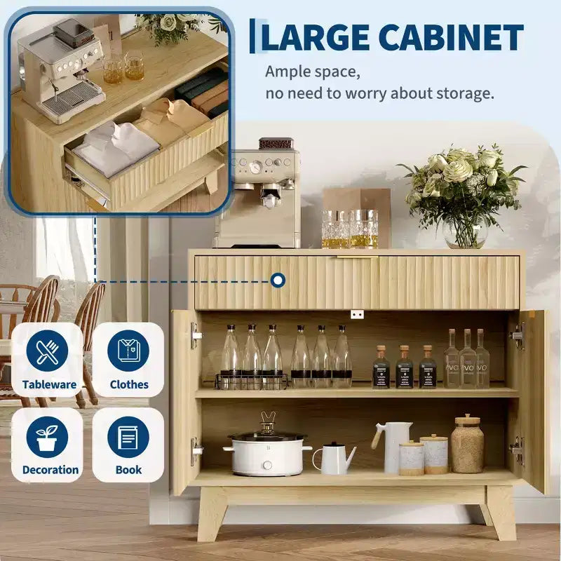Geriffeltes Buffet-Sideboard mit Stauraum, Sideboard mit verstellbarem Einlegeboden und Schublade