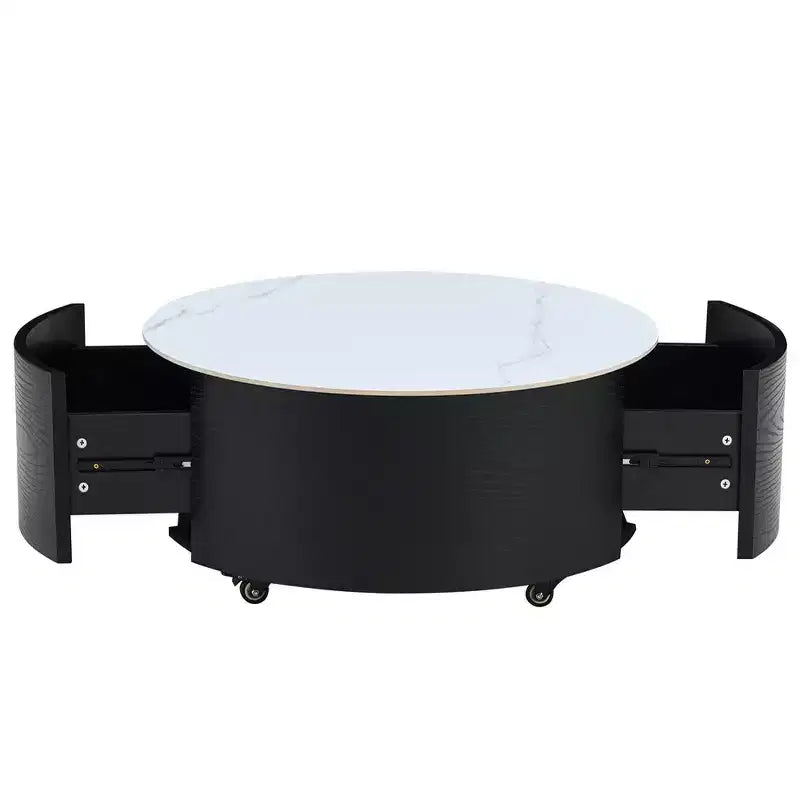 Table basse ronde moderne – avec plateau en pierre frittée, deux tiroirs et roulettes pivotantes