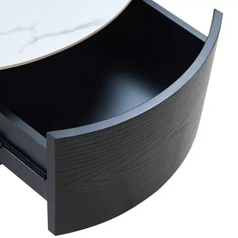 Table basse ronde moderne – avec plateau en pierre frittée, deux tiroirs et roulettes pivotantes