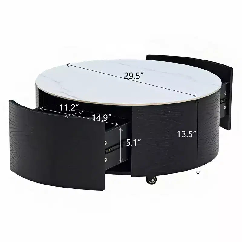 Table basse ronde moderne – avec plateau en pierre frittée, deux tiroirs et roulettes pivotantes