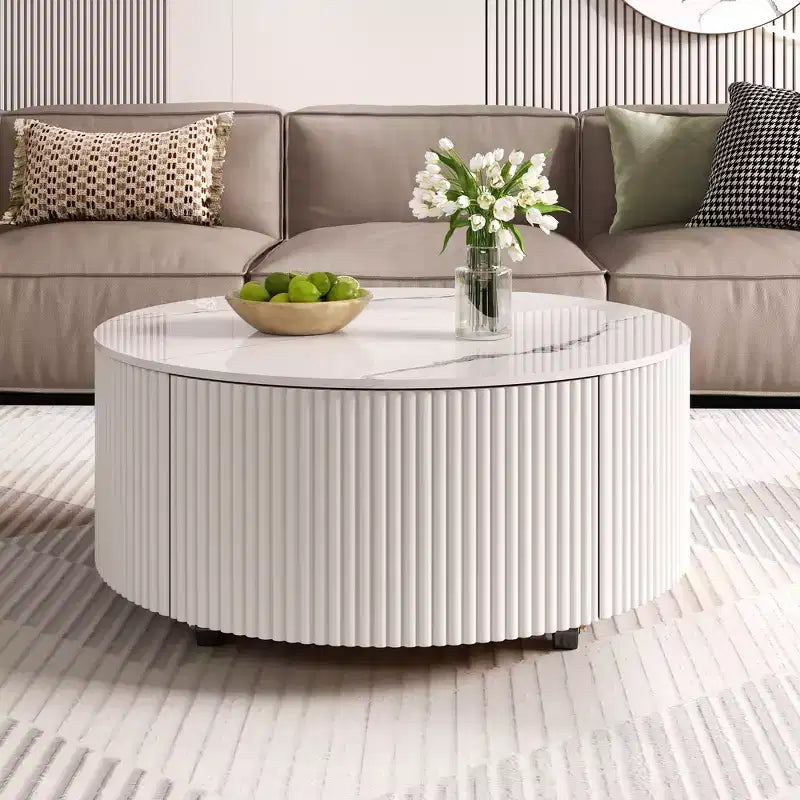 Table basse ronde moderne – avec plateau en pierre frittée, deux tiroirs et roulettes pivotantes