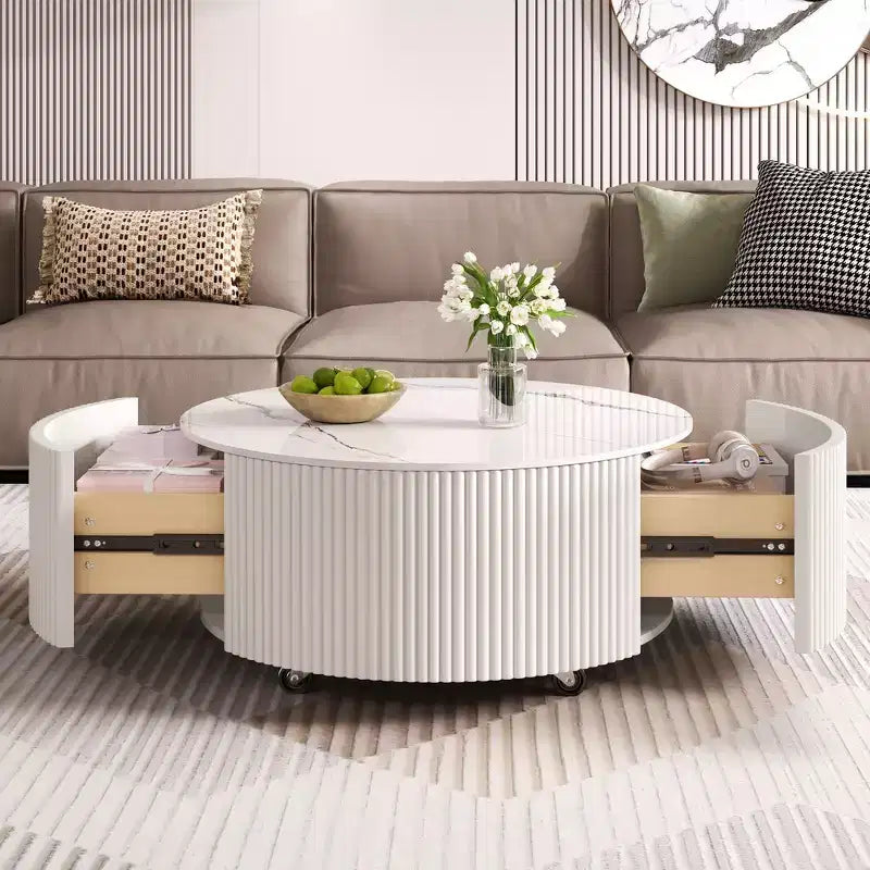 Table basse ronde moderne – avec plateau en pierre frittée, deux tiroirs et roulettes pivotantes