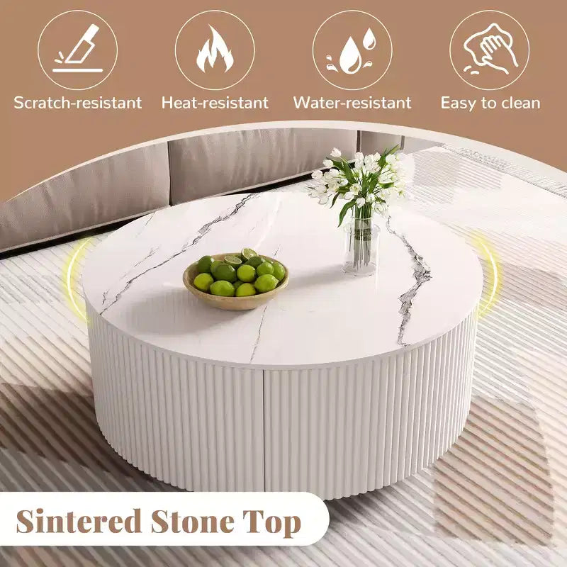 Table basse ronde moderne – avec plateau en pierre frittée, deux tiroirs et roulettes pivotantes