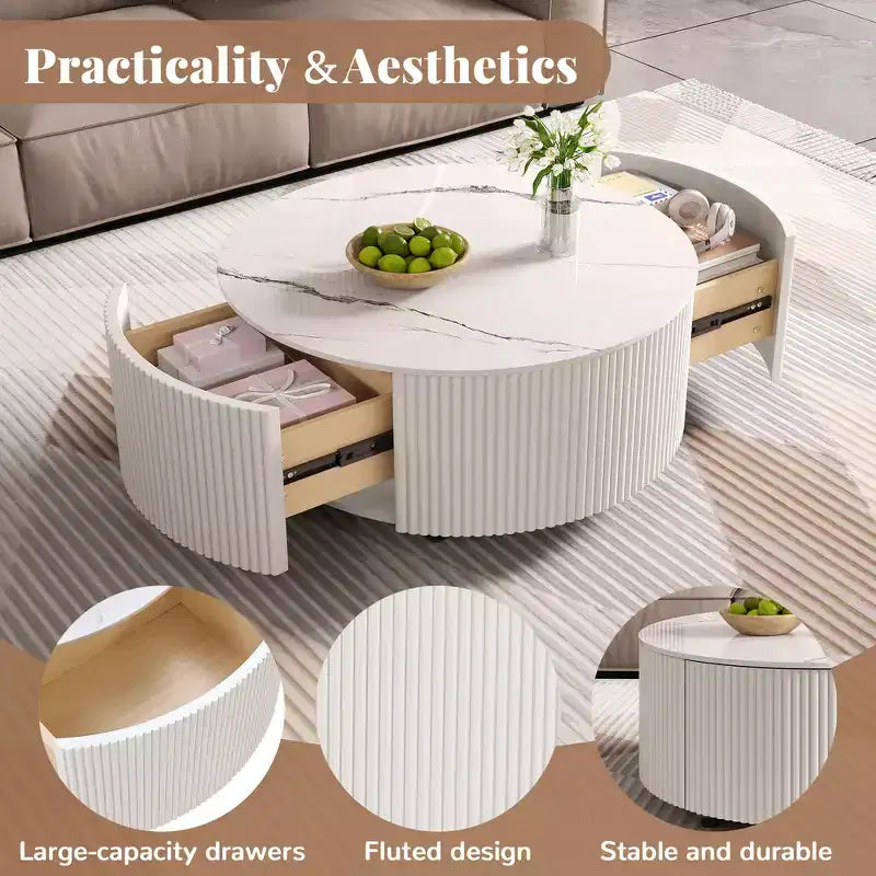 Table basse ronde moderne – avec plateau en pierre frittée, deux tiroirs et roulettes pivotantes