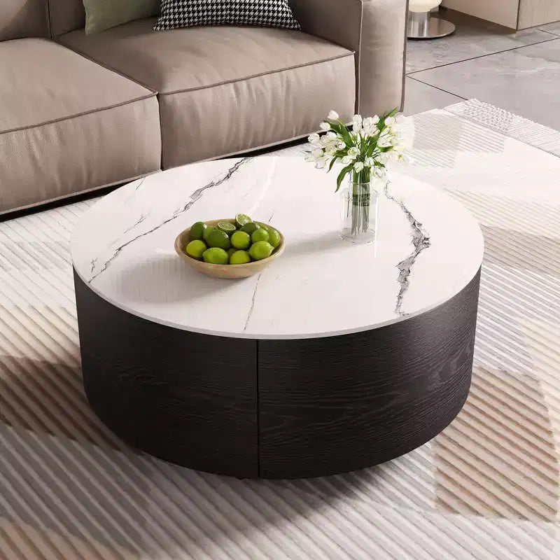 Table basse ronde moderne – avec plateau en pierre frittée, deux tiroirs et roulettes pivotantes