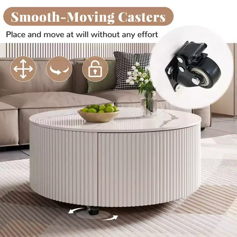 Table basse ronde moderne – avec plateau en pierre frittée, deux tiroirs et roulettes pivotantes
