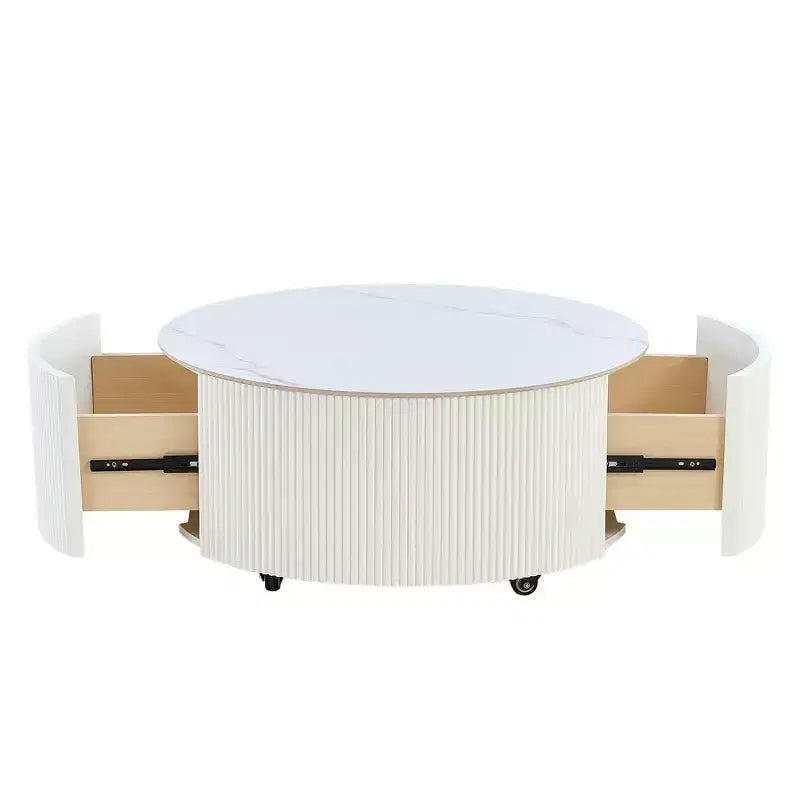 Table basse ronde moderne – avec plateau en pierre frittée, deux tiroirs et roulettes pivotantes