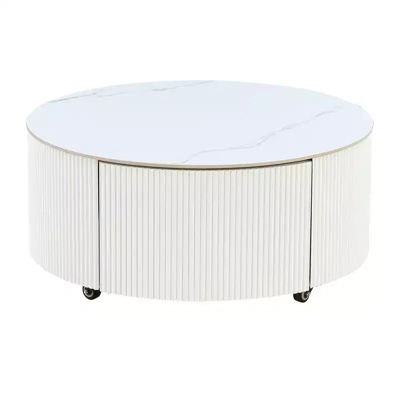 Table basse ronde moderne – avec plateau en pierre frittée, deux tiroirs et roulettes pivotantes
