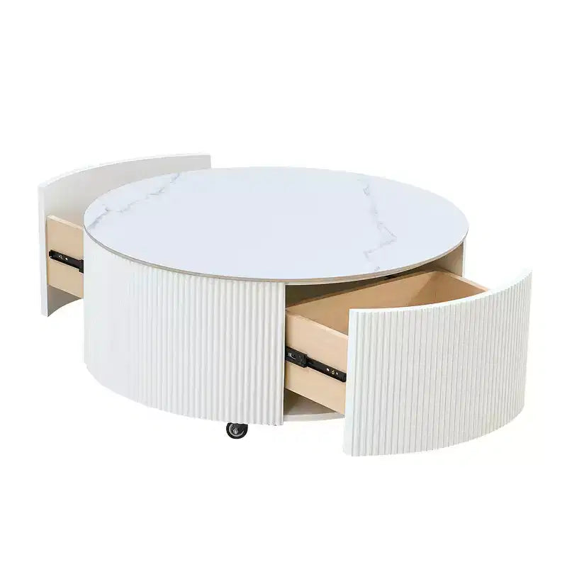 Table basse ronde moderne – avec plateau en pierre frittée, deux tiroirs et roulettes pivotantes