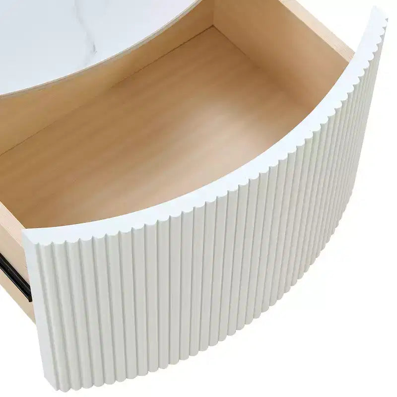 Table basse ronde moderne – avec plateau en pierre frittée, deux tiroirs et roulettes pivotantes