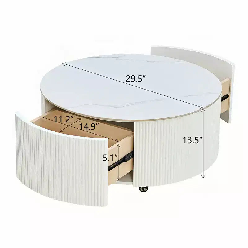 Table basse ronde moderne – avec plateau en pierre frittée, deux tiroirs et roulettes pivotantes