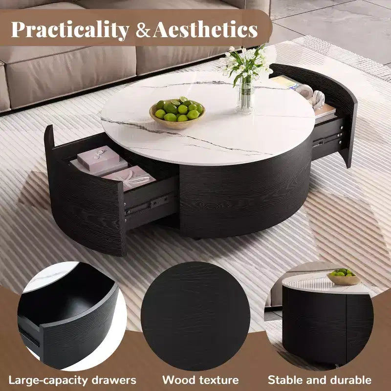 Table basse ronde moderne – avec plateau en pierre frittée, deux tiroirs et roulettes pivotantes
